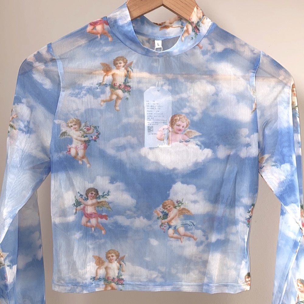 Floral Cherub Long Sleeve Crop Top  ~ Brand New - Picture 4 of 9